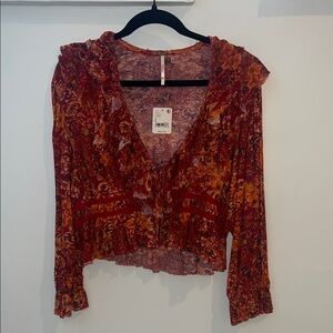 Free People Red and Orange Floral Blouse